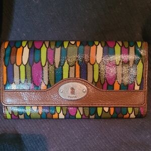 Fossil Multicolor Patterned Leather Clutch Wallet with Brown Trim